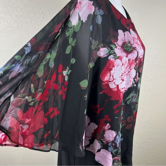 Floral Chiffon Cape Popover Sheath Dress Overlay Black Red Pink Knee Length 18W - Picture 9 of 16